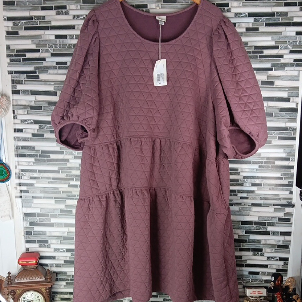 a new day Plus Size 4X Mauve Plum Quilted Puff Short Sleeve Layered Dress Pocket